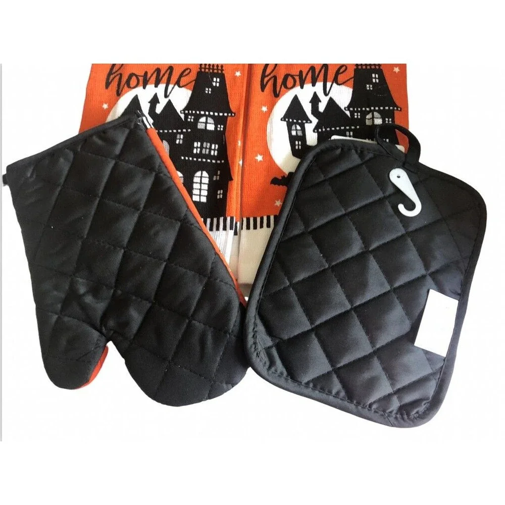 Halloween Kitchen Potholder Dish Towels Oven Mitt Haunted House Orange Set of 4